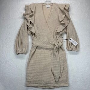 SAYLOR Waffle Knit faux wrap Mini Dress Ruffle Trim Long Sleeve Wrap Dress Sz S